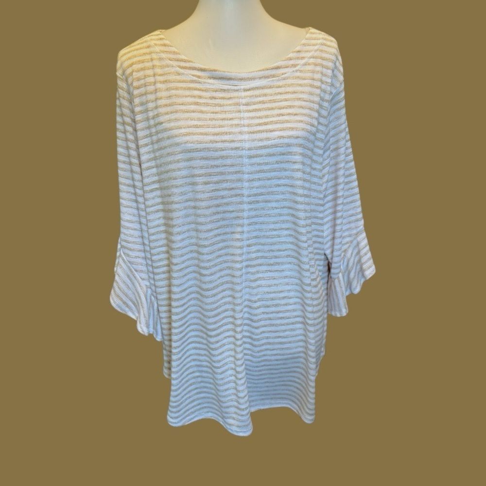 Westbound White with Tan Stripe Top with 3/4 Bell Sleeves